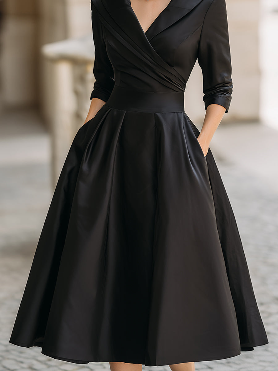 Arabelle | Women's Draped Collar Satin Midi Dress Elegant