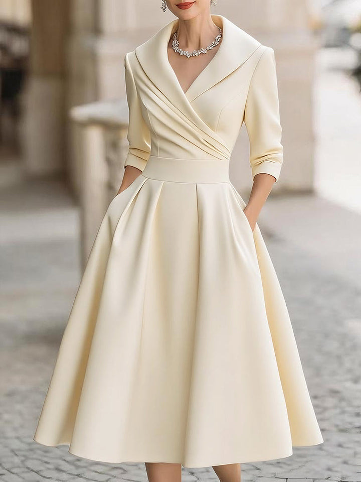 Arabelle | Women's Draped Collar Satin Midi Dress Elegant