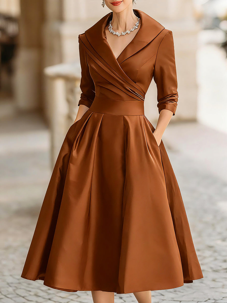 Arabelle | Women's Draped Collar Satin Midi Dress Elegant
