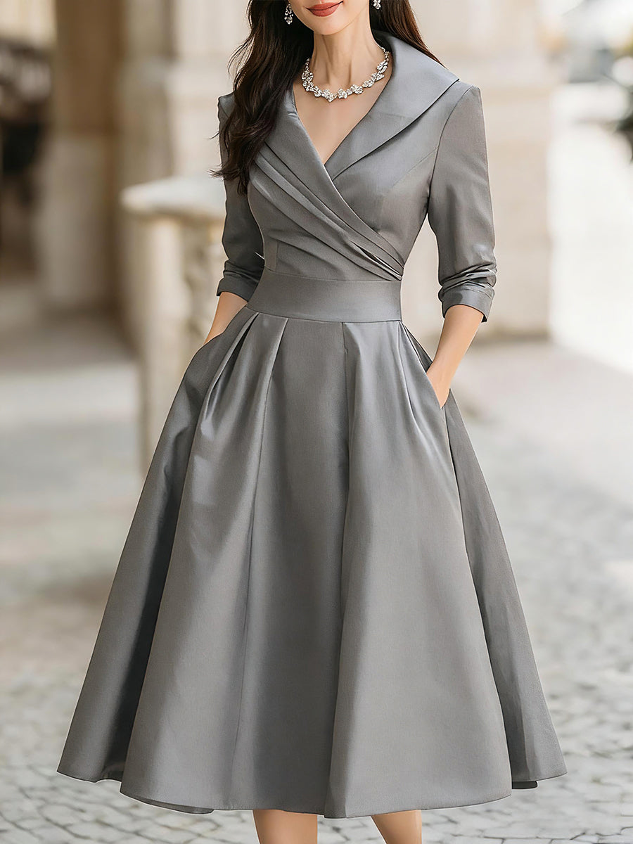 Arabelle | Women's Draped Collar Satin Midi Dress Elegant