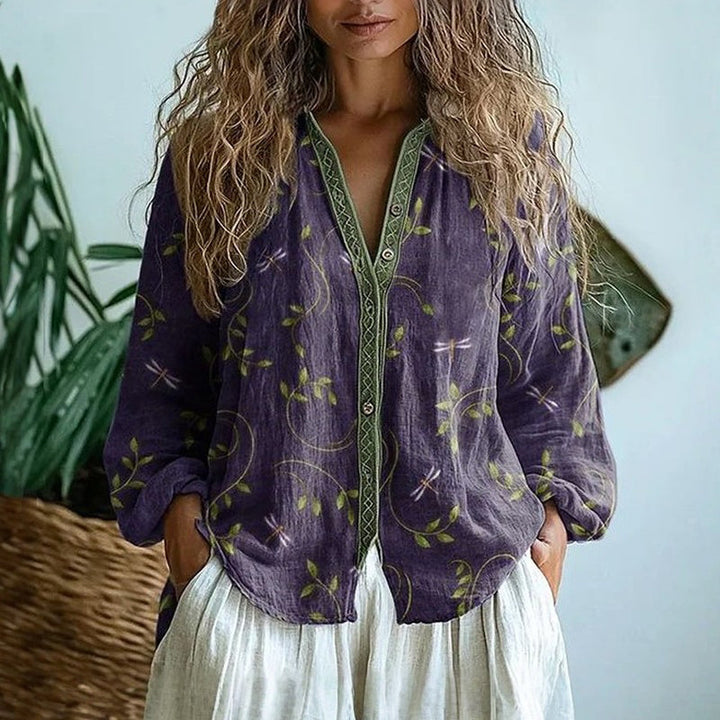 Sanne | Women's Elegant Nature Print Split V-Neck Blouse