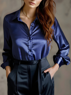 Sanne | Women's Black Satin Long Sleeve Blouse Elegant