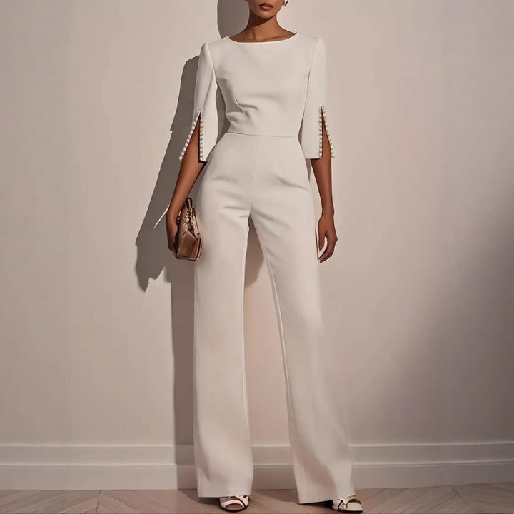 Zorina | Women's Pearl Trim Wide Leg Jumpsuit Elegant