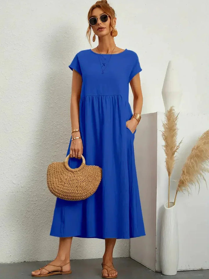 Sanne | Women's Elegant Short Sleeve Round Neck Midi Dress