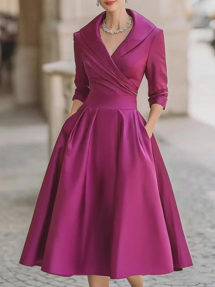 Arabelle | Women's Draped Collar Satin Midi Dress Elegant