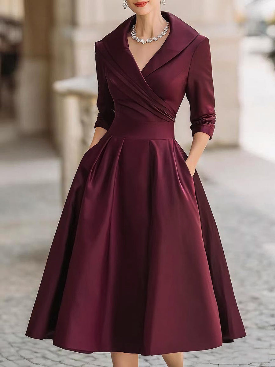 Arabelle | Women's Draped Collar Satin Midi Dress Elegant