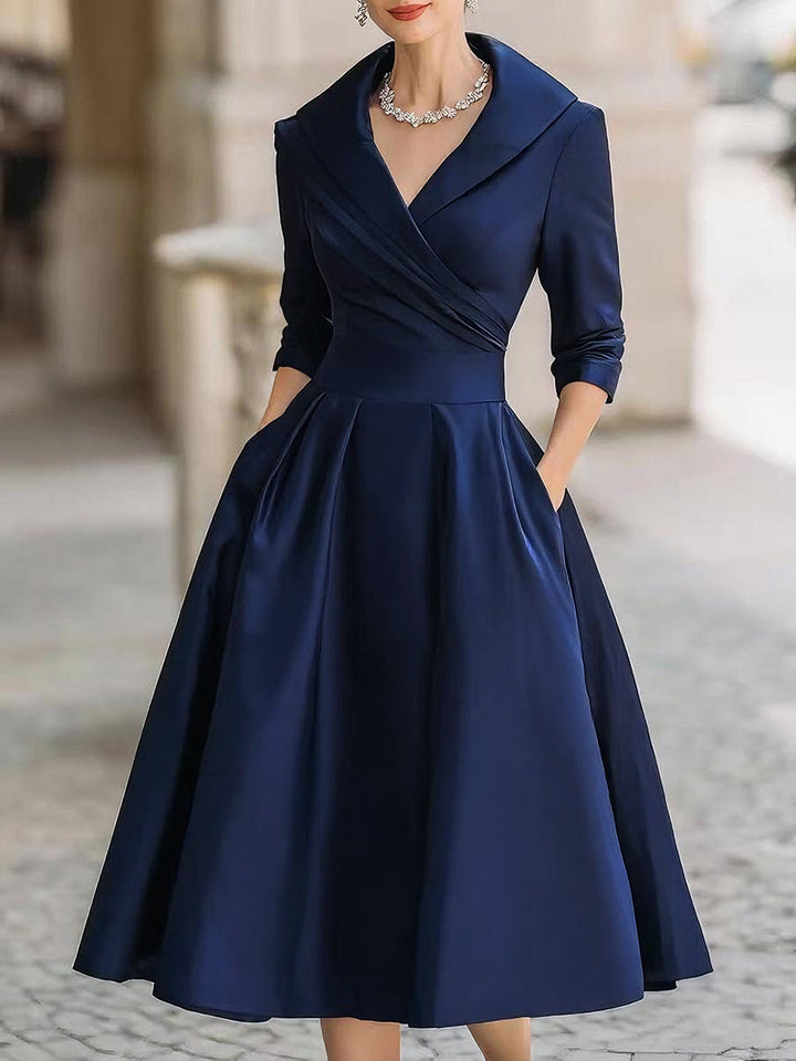 Arabelle | Women's Draped Collar Satin Midi Dress Elegant