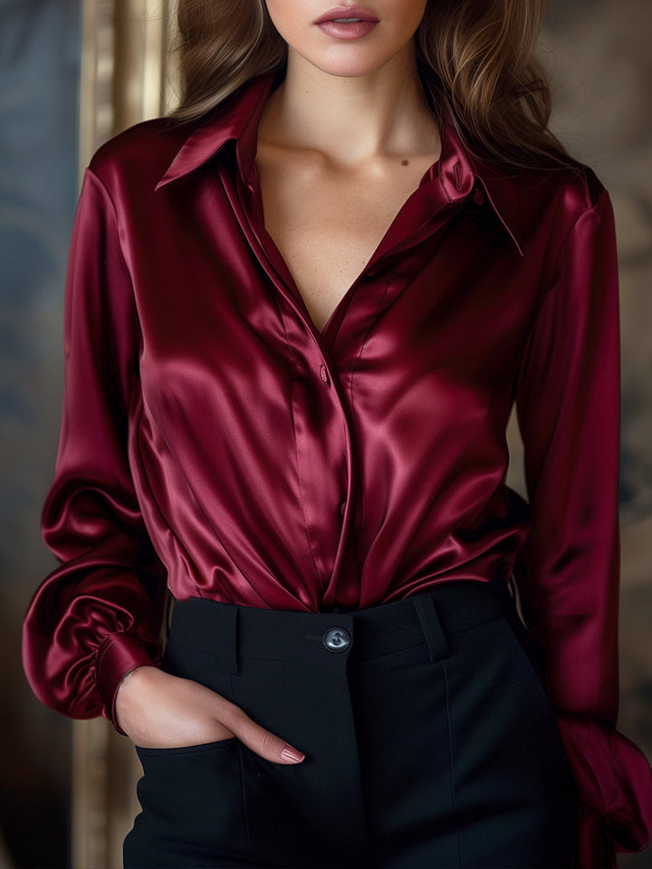 Sanne | Women's Black Satin Long Sleeve Blouse Elegant
