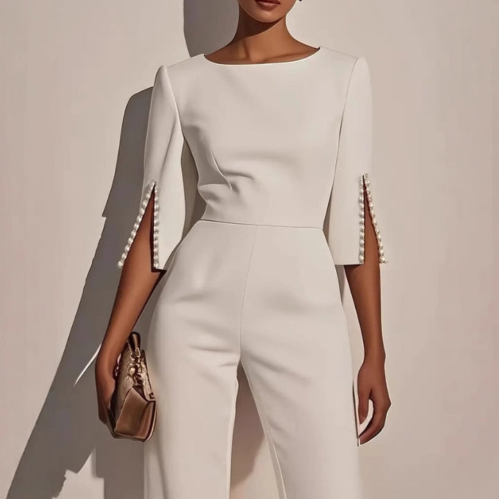 Zorina | Women's Pearl Trim Wide Leg Jumpsuit Elegant