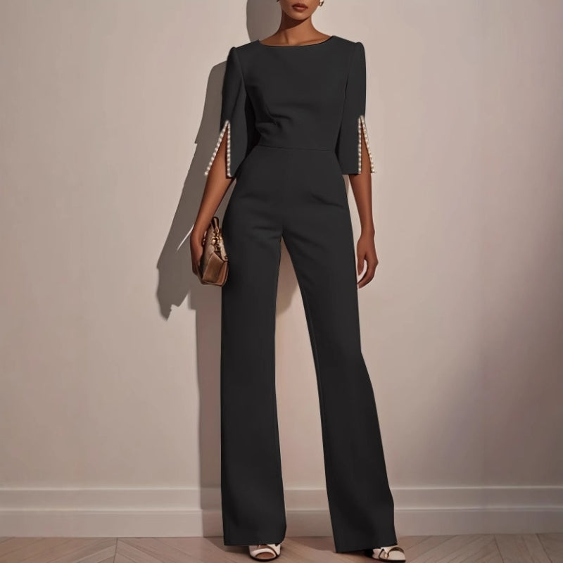 Zorina | Women's Pearl Trim Wide Leg Jumpsuit Elegant