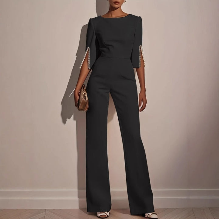 Zorina | Women's Pearl Trim Wide Leg Jumpsuit Elegant