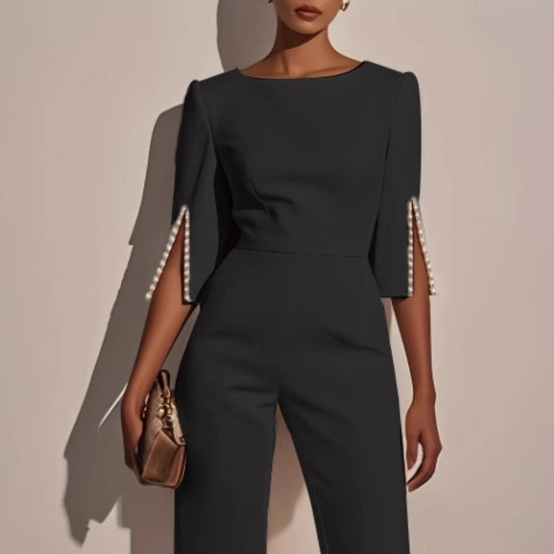 Zorina | Women's Pearl Trim Wide Leg Jumpsuit Elegant