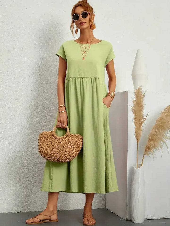 Sanne | Women's Elegant Short Sleeve Round Neck Midi Dress