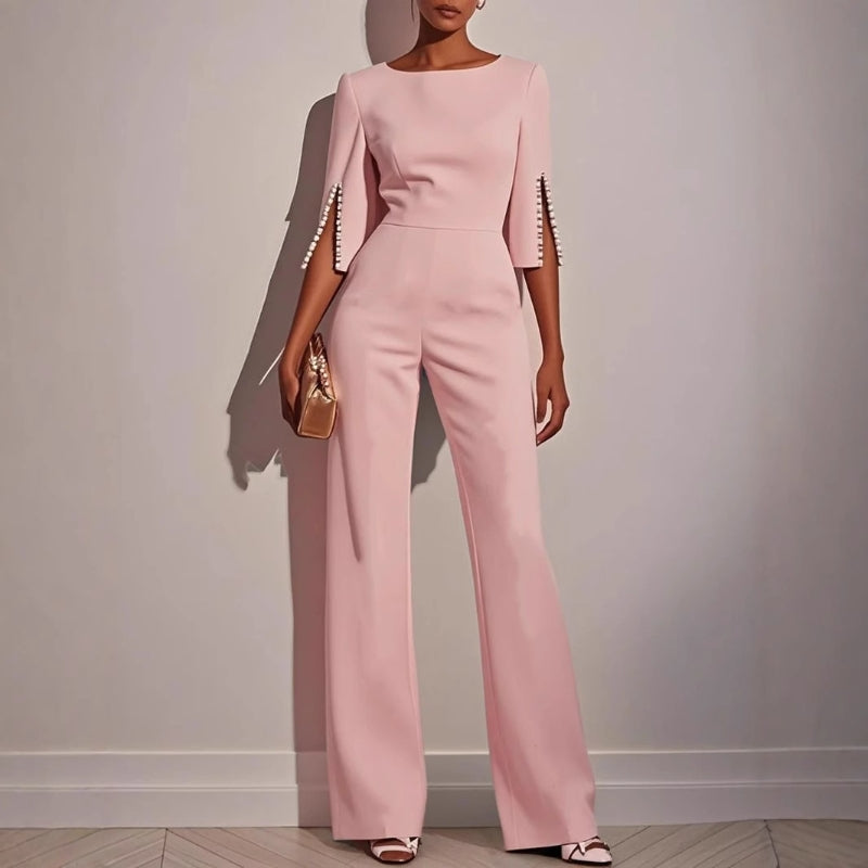 Zorina | Women's Pearl Trim Wide Leg Jumpsuit Elegant
