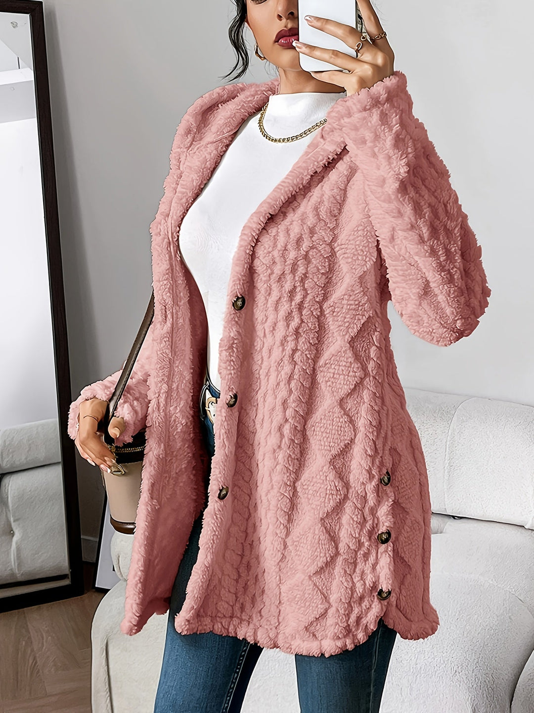 Paula™ - Plush Diamond-Patterned Hooded Cardigan