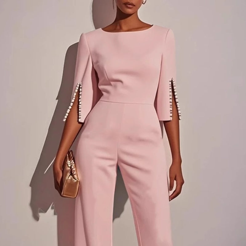 Zorina | Women's Pearl Trim Wide Leg Jumpsuit Elegant