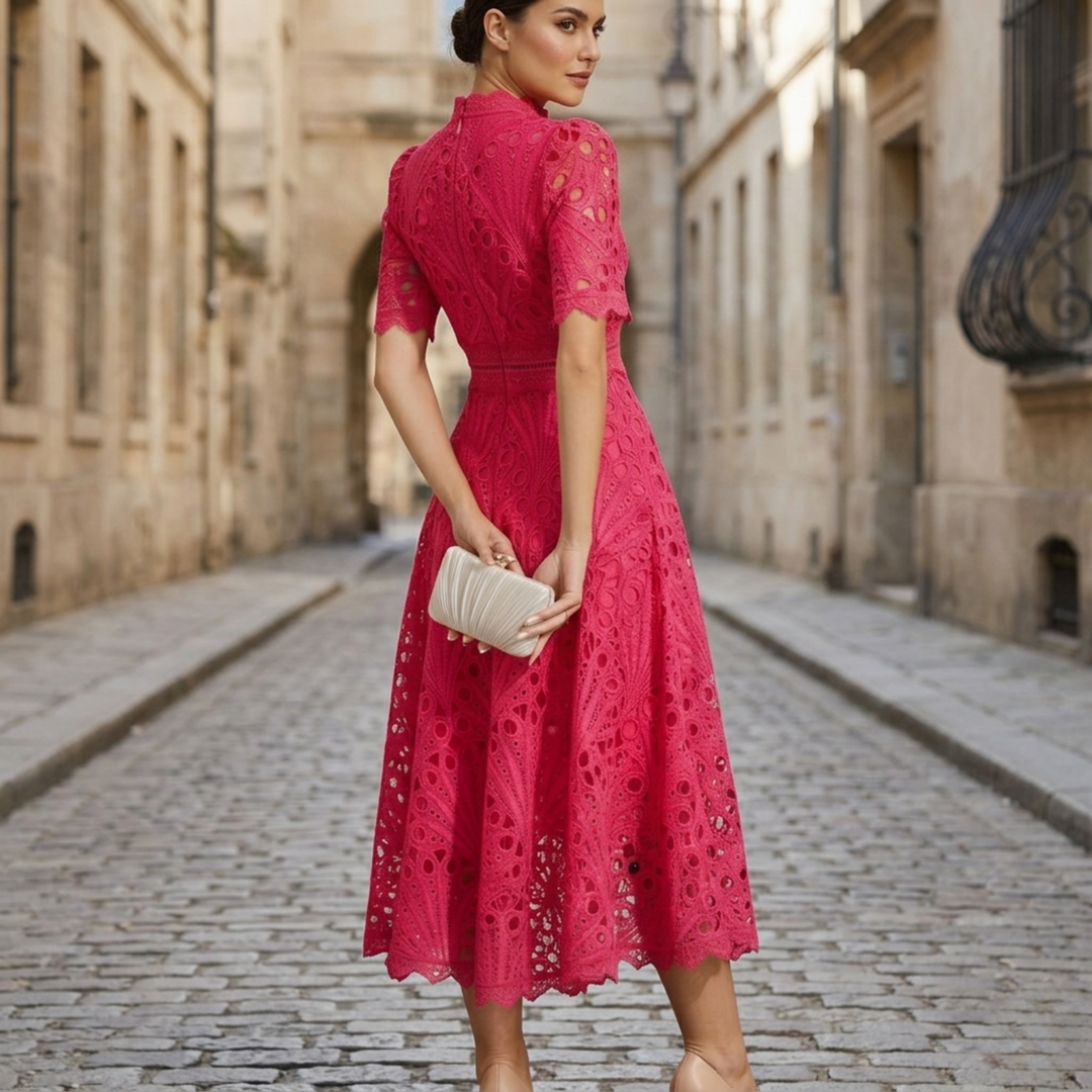 Elise | Women’s Elegant High Neck Lace Midi Dress