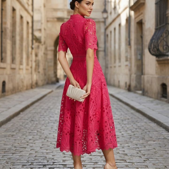 Elise | Women’s Elegant High Neck Lace Midi Dress