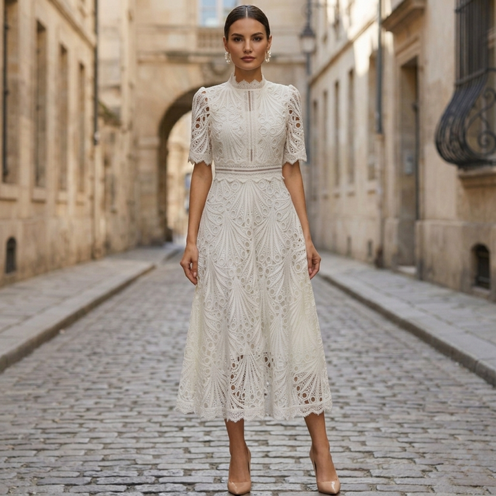 Elise | Women’s Elegant High Neck Lace Midi Dress