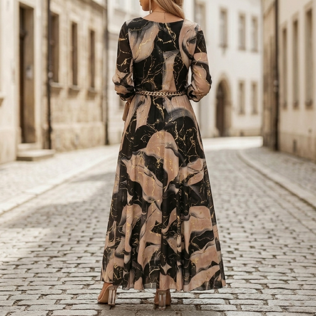 Elara | Women’s Printed V-Neck Long Sleeve Maxi Dress