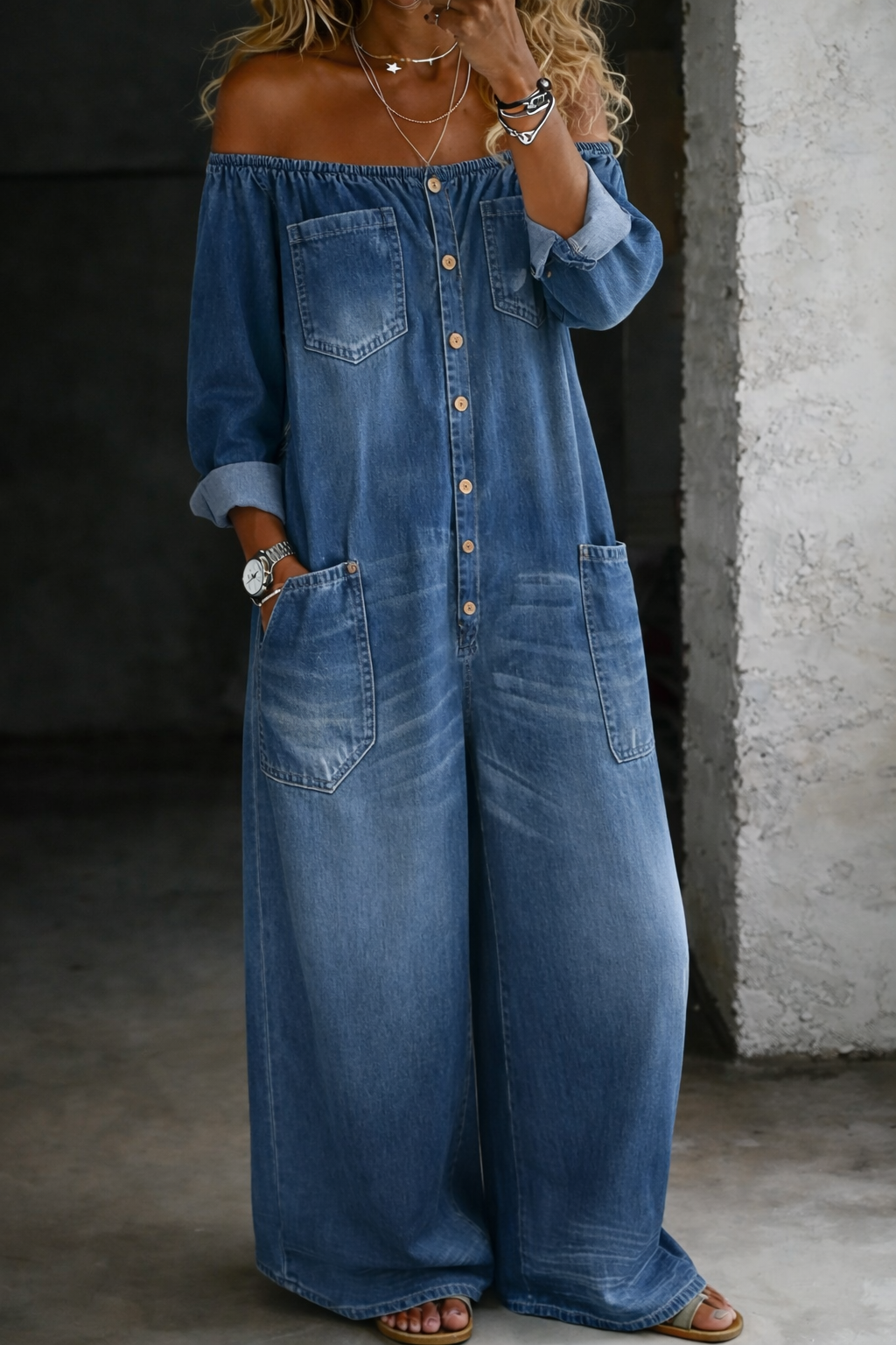 Elena | Women's Off Shoulder Denim Jumpsuit