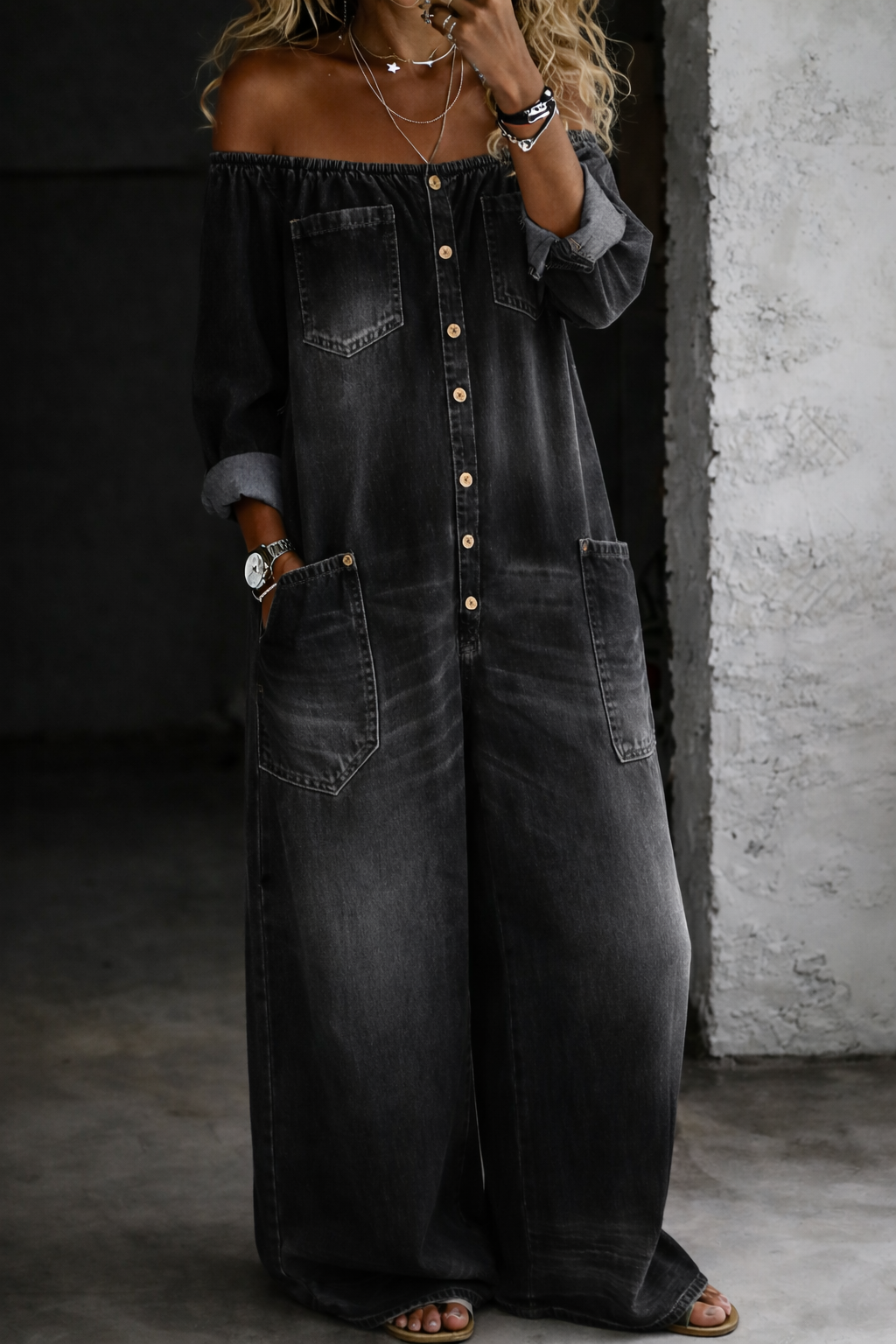 Elena | Women's Off Shoulder Denim Jumpsuit