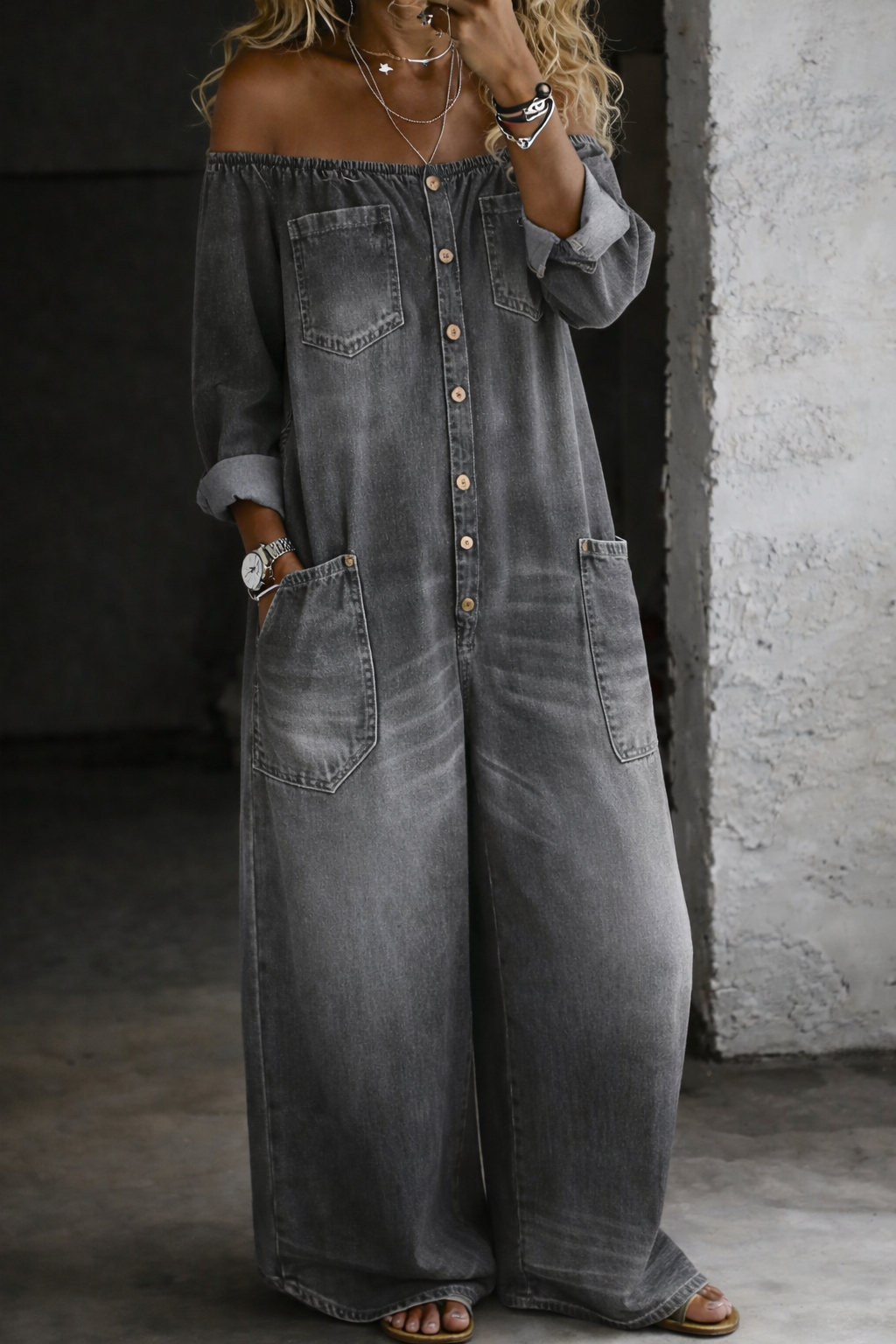 Elena | Women's Off Shoulder Denim Jumpsuit