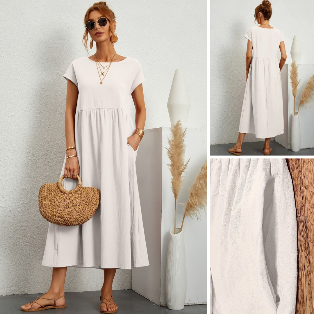 Sanne | Women's Elegant Short Sleeve Round Neck Midi Dress