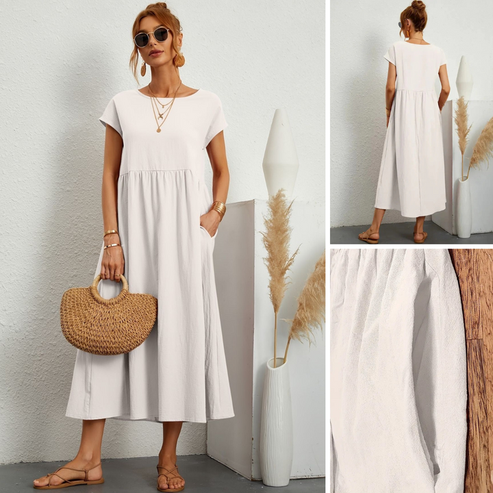 Sanne | Women's Elegant Short Sleeve Round Neck Midi Dress