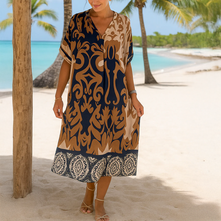 Elara | Women's Printed V-Neck Midi Dress Casual