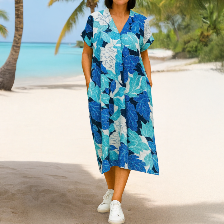 Elara | Women's Printed V-Neck Midi Dress Casual