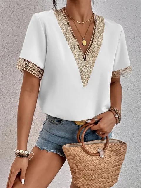 Sanne | Women's V-Neck Embroidered Short Sleeve Blouse Casual