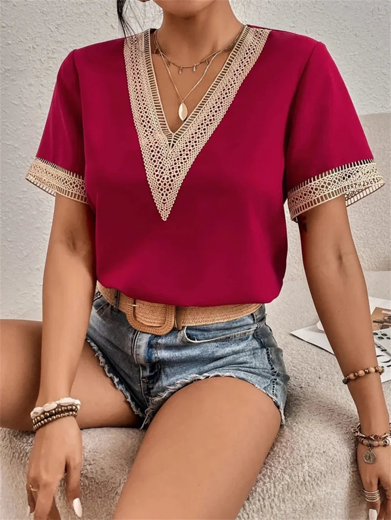 Sanne | Women's V-Neck Embroidered Short Sleeve Blouse Casual