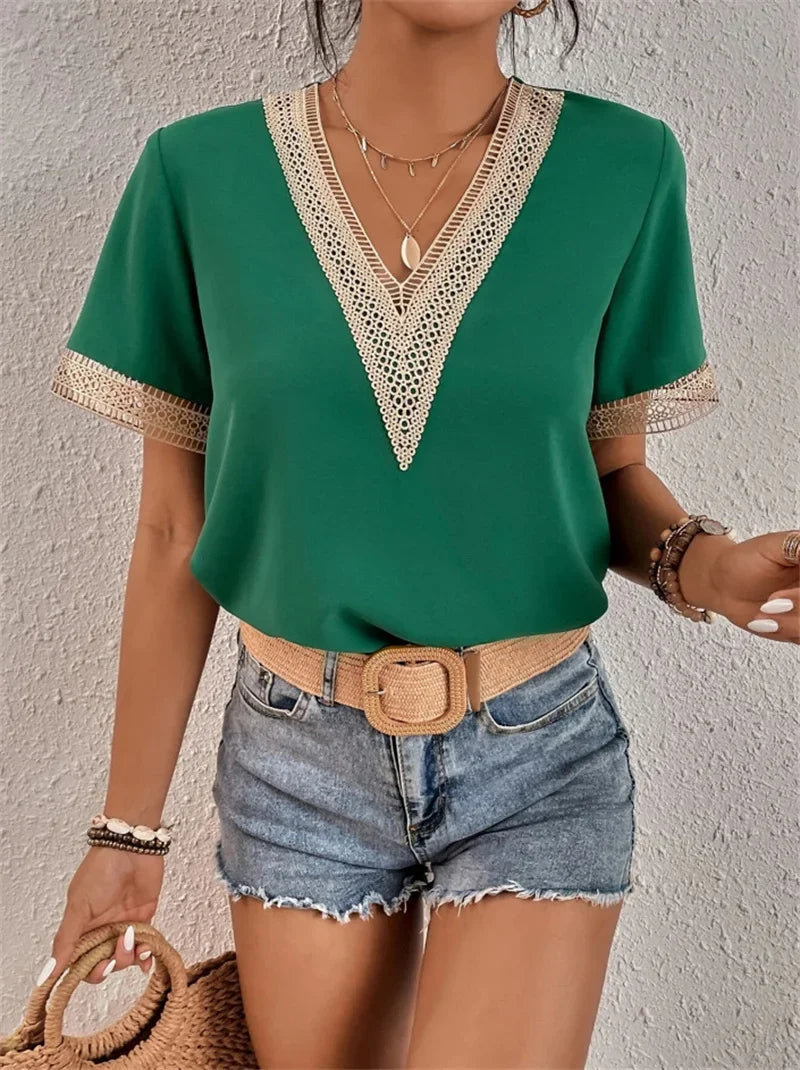 Sanne | Women's V-Neck Embroidered Short Sleeve Blouse Casual