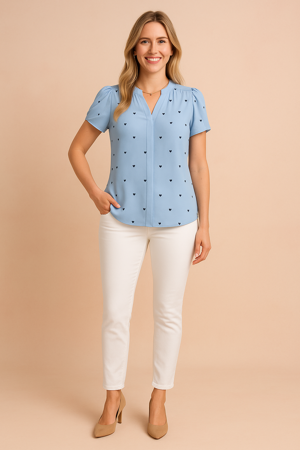 Avery | Women's Heart Print V-Neck Short Sleeve Top