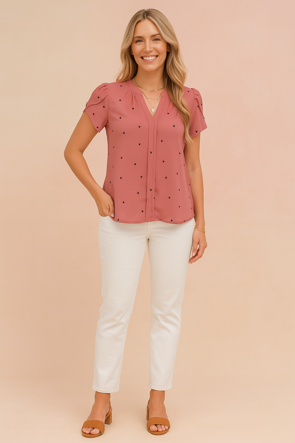 Avery | Women's Heart Print V-Neck Short Sleeve Top