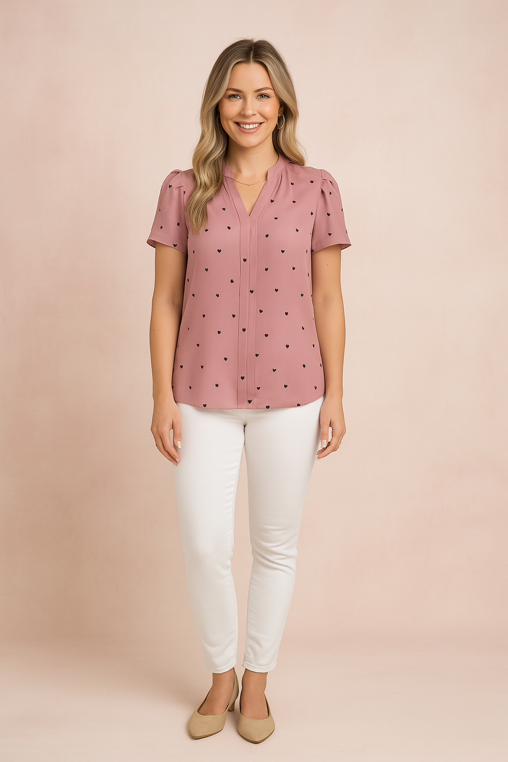 Avery | Women's Heart Print V-Neck Short Sleeve Top