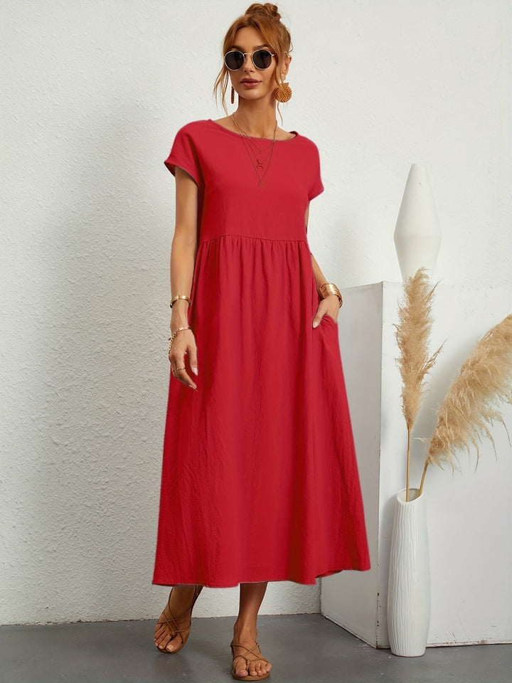 Sanne | Women's Elegant Short Sleeve Round Neck Midi Dress