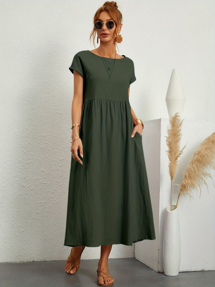 Sanne | Women's Elegant Short Sleeve Round Neck Midi Dress