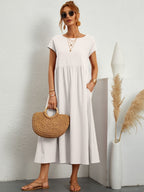 Sanne | Women's Elegant Short Sleeve Round Neck Midi Dress