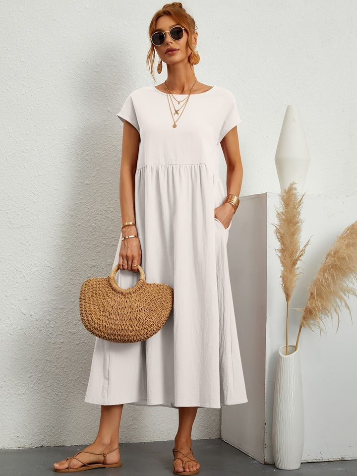 Sanne | Women's Elegant Short Sleeve Round Neck Midi Dress