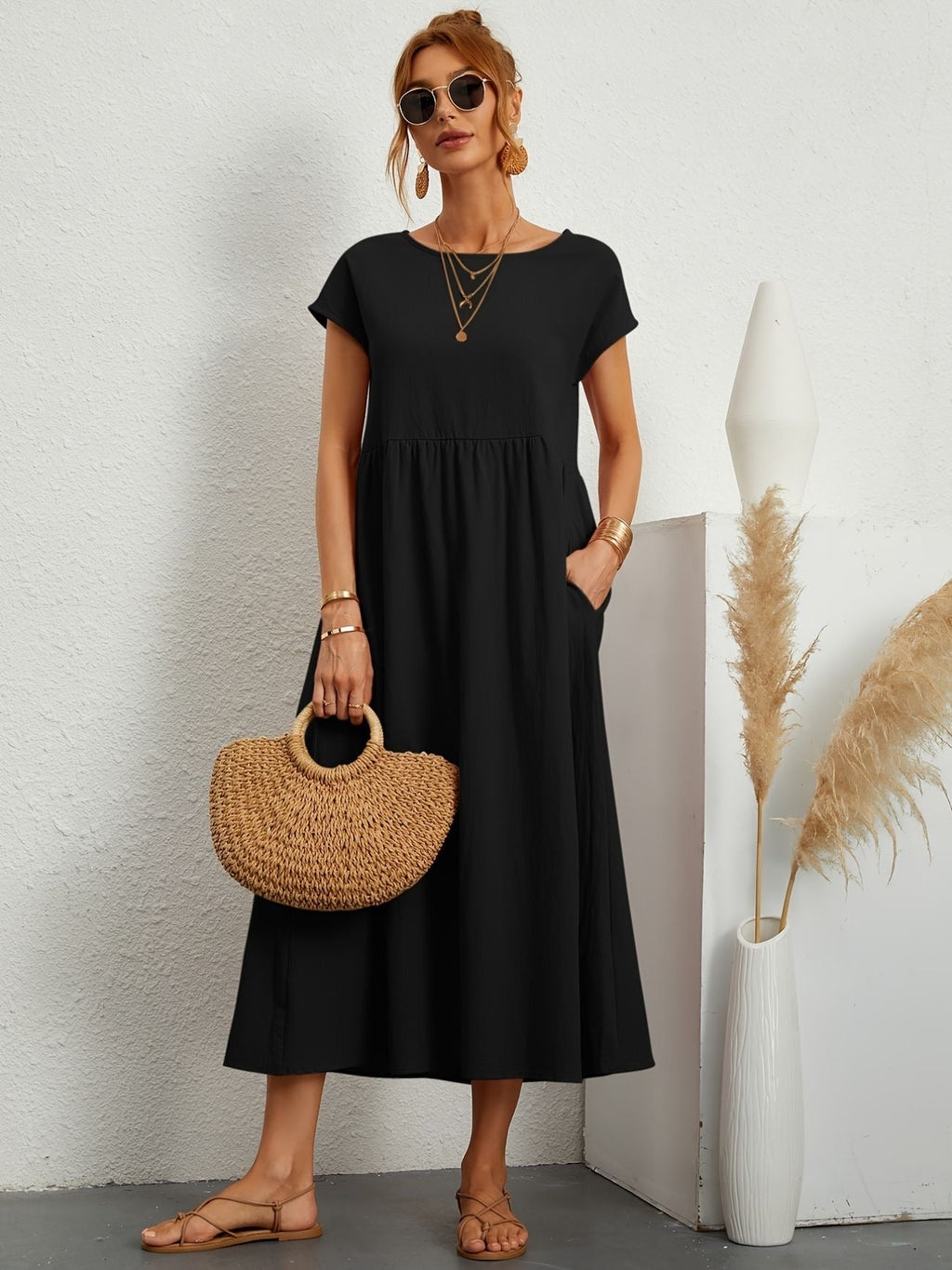 Sanne | Women's Elegant Short Sleeve Round Neck Midi Dress