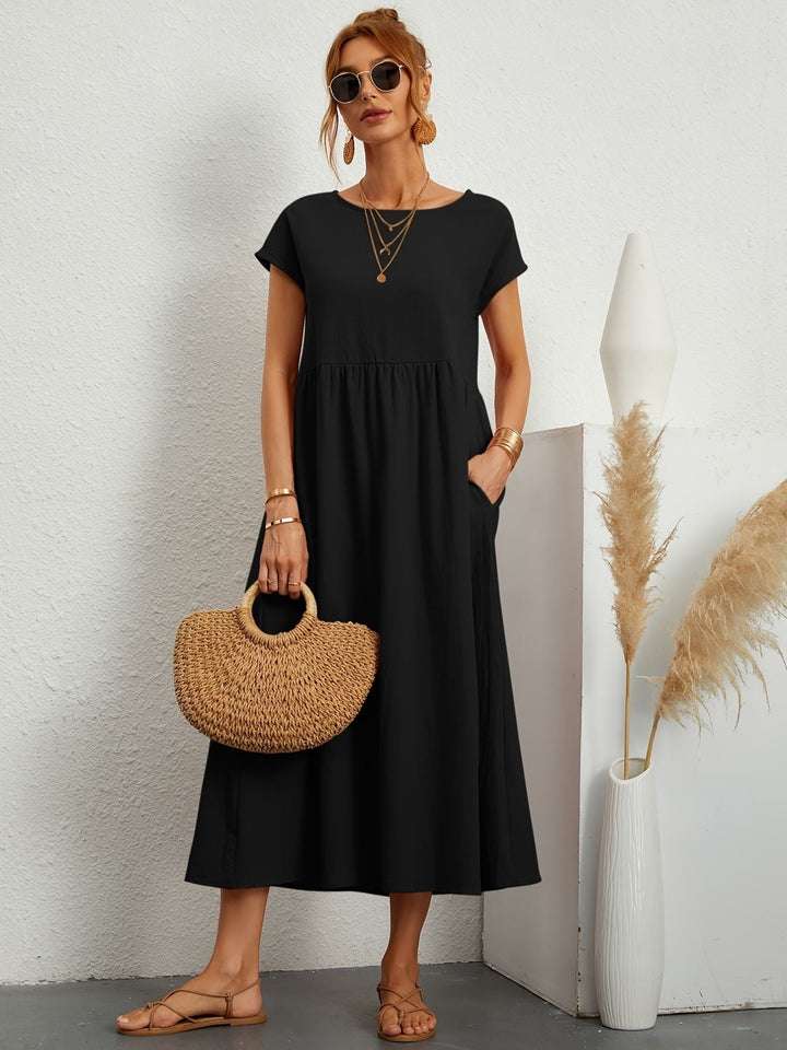 Sanne | Women's Elegant Short Sleeve Round Neck Midi Dress