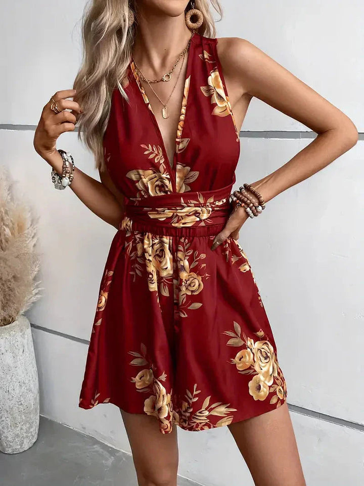 Zarae | Women's Floral Halter Neck Short Jumpsuit Casual