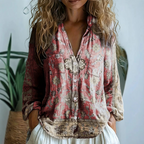 Sanne | Women's Elegant Nature Print Split V-Neck Blouse