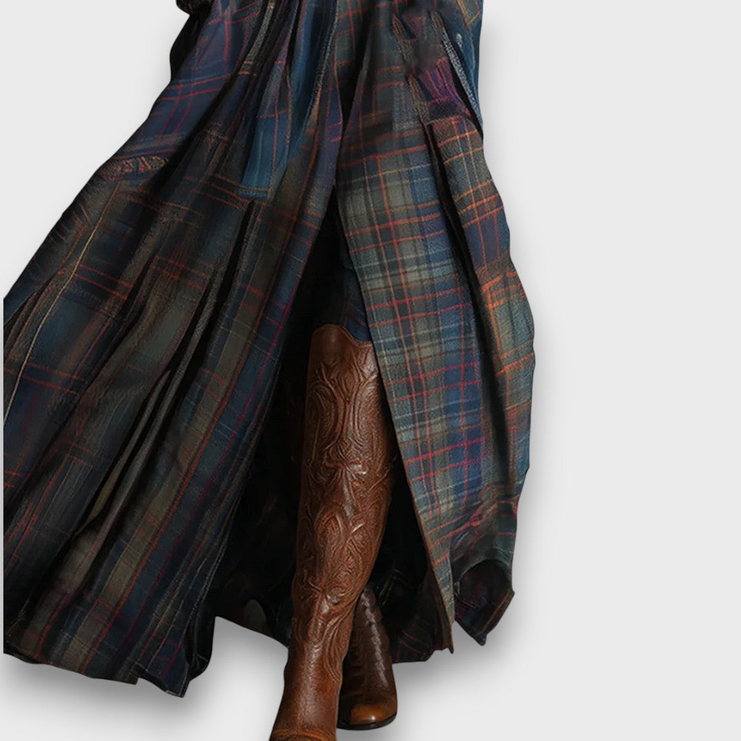 Edurena – Vintage Suede and Plaid Maxi Dress