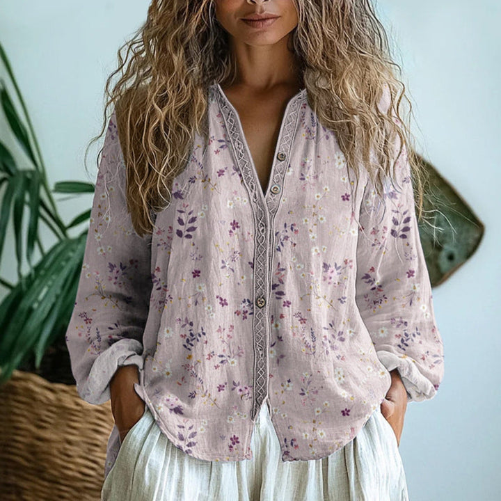 Sanne | Women's Elegant Nature Print Split V-Neck Blouse