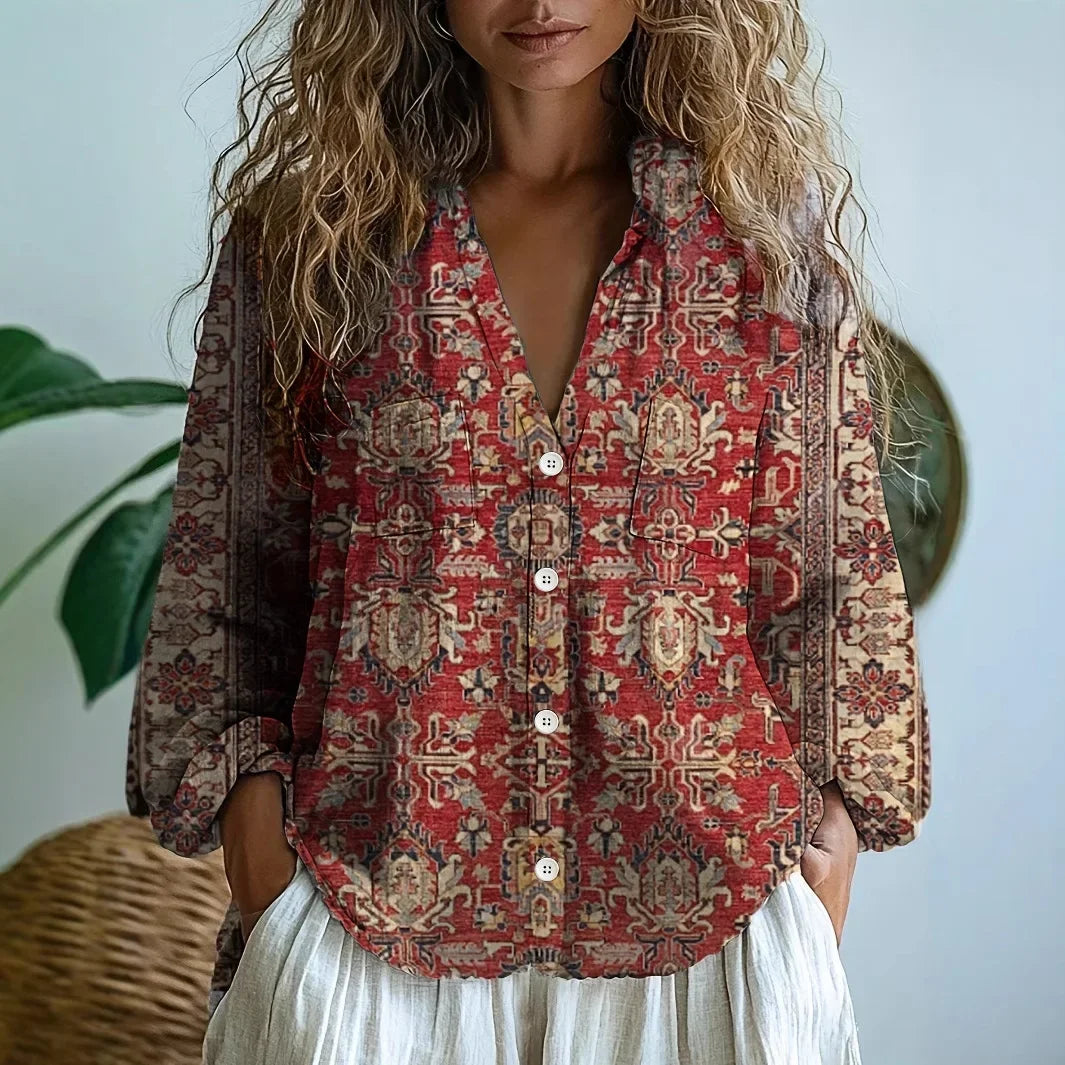 Sanne | Women's Elegant Nature Print Split V-Neck Blouse