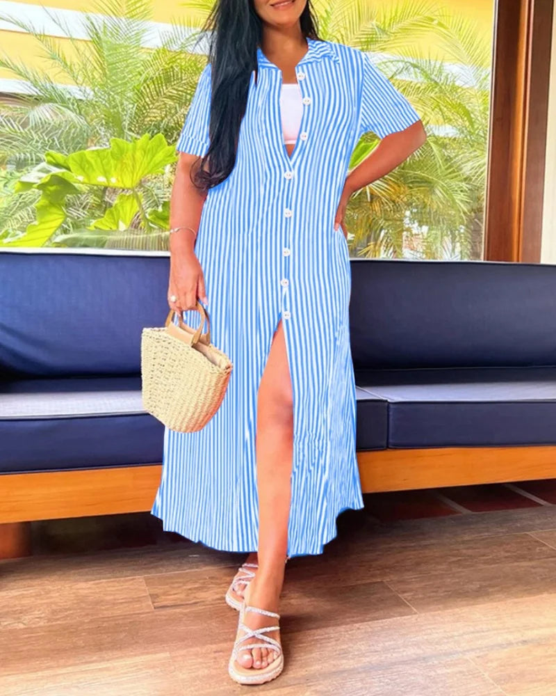 Priya | Women’s Button Front Stripe Maxi Shirt Dress