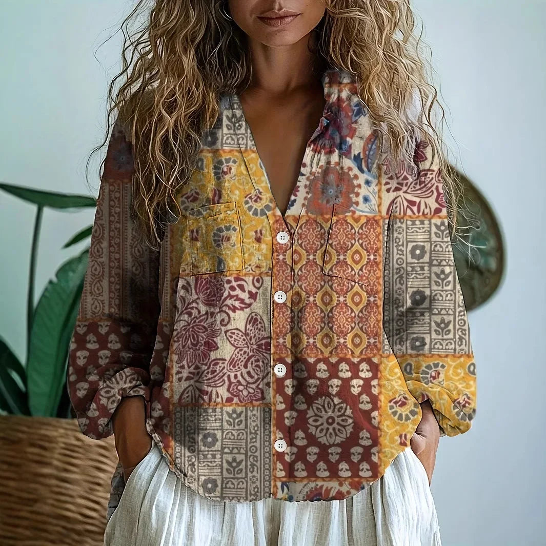 Sanne | Women's Elegant Nature Print Split V-Neck Blouse
